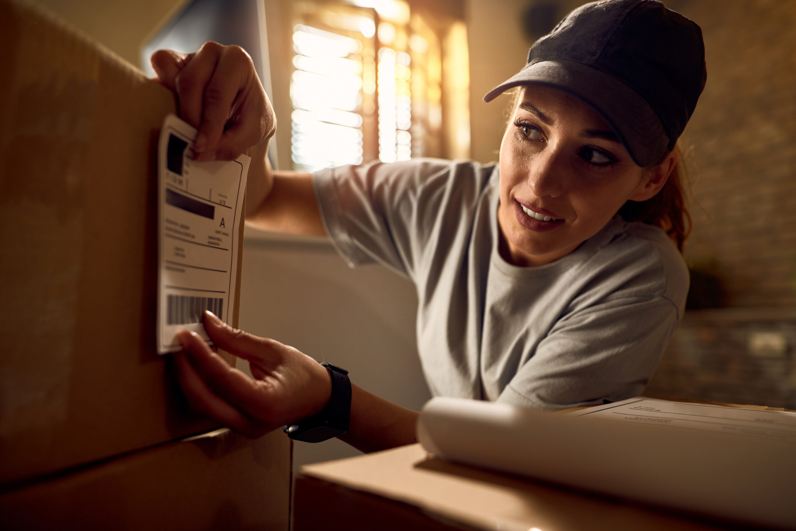 Female courier attaching address label on a package while working - Haulogis