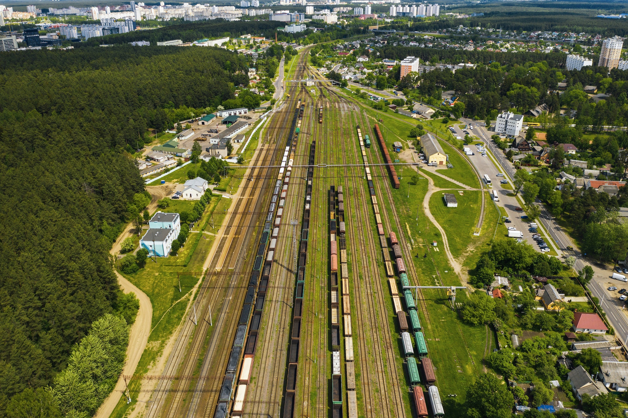 aerial photography of railway tracks and cars.Top view of cars and Railways.Minsk.Belarus - Haulogis
